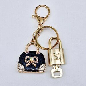 Louis Vuitton Black and Gold Crystal Heart Padlock Key & Card Holder Charm